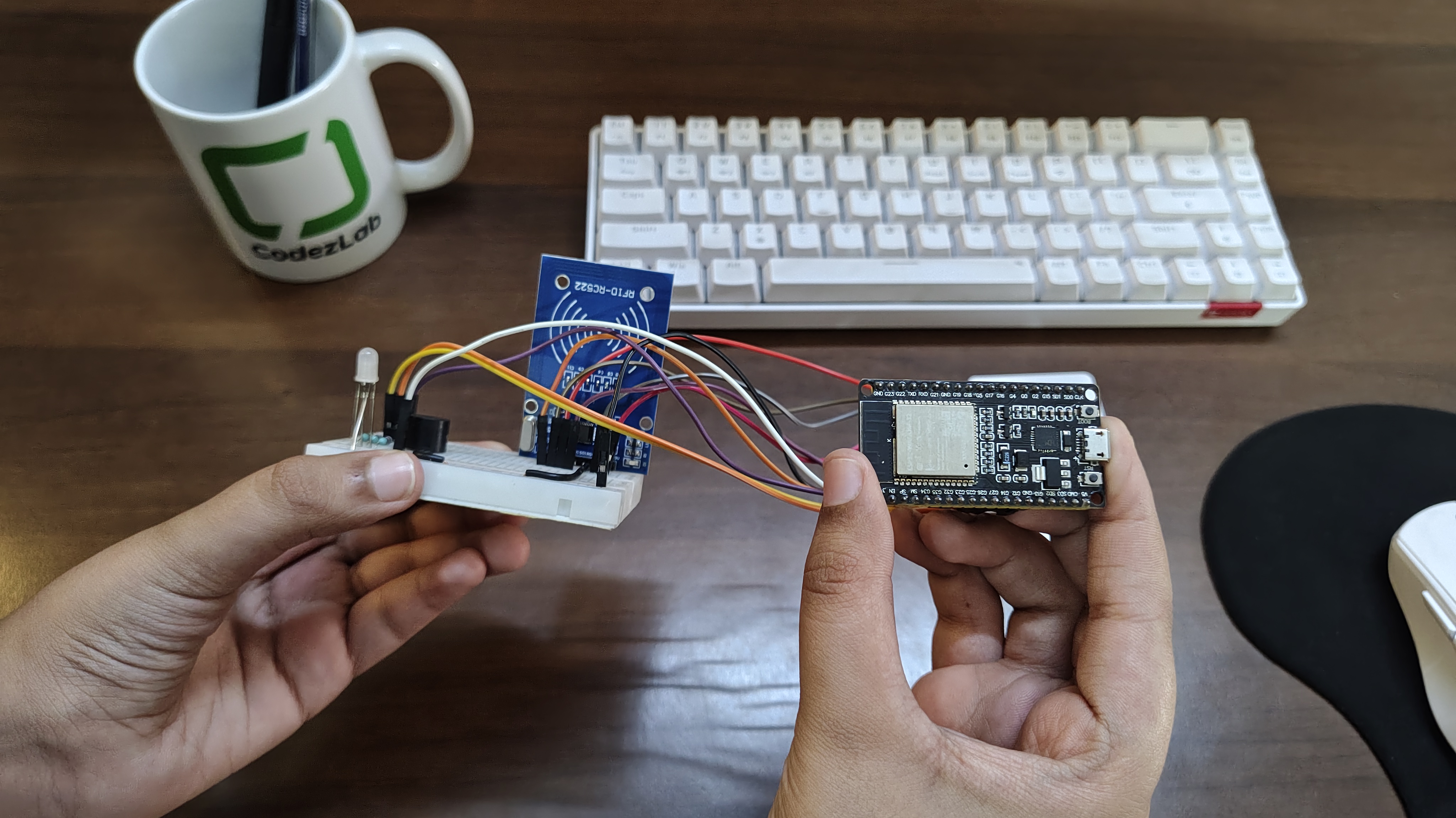 ESP32 and RC522 RFID module wired on a breadboard — Codezlab build